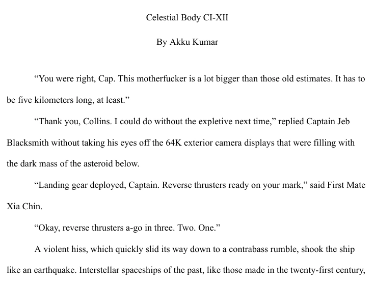 Page 1 of Akku Kumar's short-story manuscript Celestial Body CI-XII, showing the title, author and opening excerpt