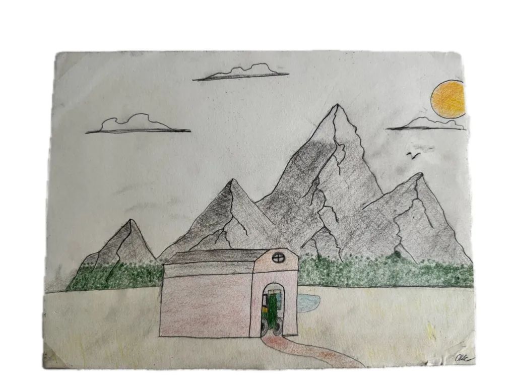 Colored pencil drawing of a small house in front of tall grey mountains with a yellow sun