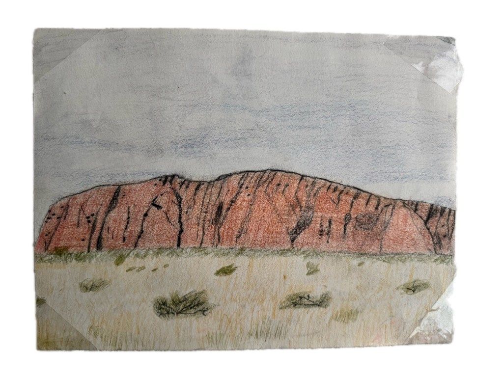 Colored pencil drawing of Uluru, a red rock formation, above dry grassland under a grey sky