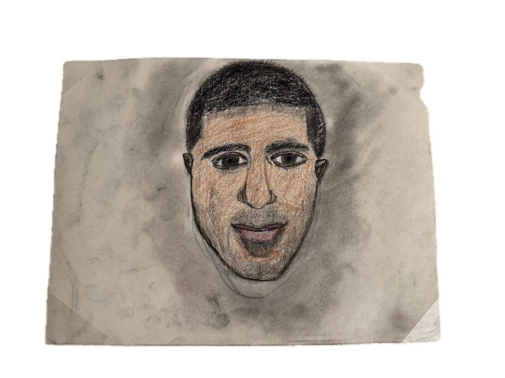 Self-portrait drawing of Akku