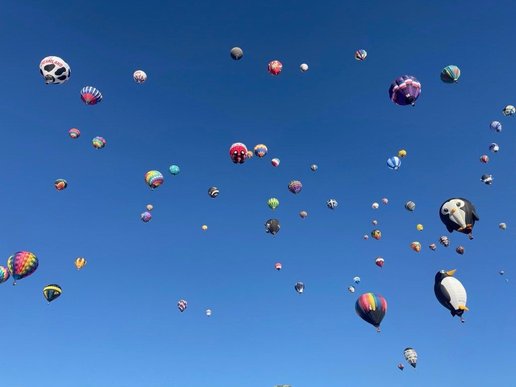 Dozens of hot air balloons in a blue sky